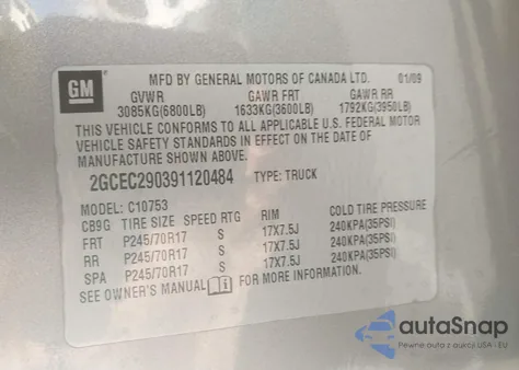 2009 Chevrolet Silverado 1500 Lt z USA, uszkodzony, nr VIN 2GCEC290391120484